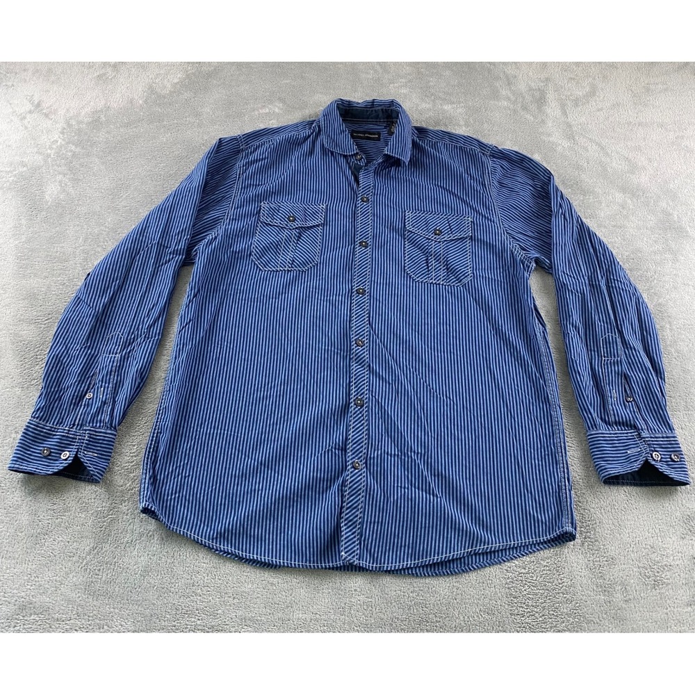 Michael Brandon Mens Large Blue Striped Long Sleeve Button Down Shirt Workwear